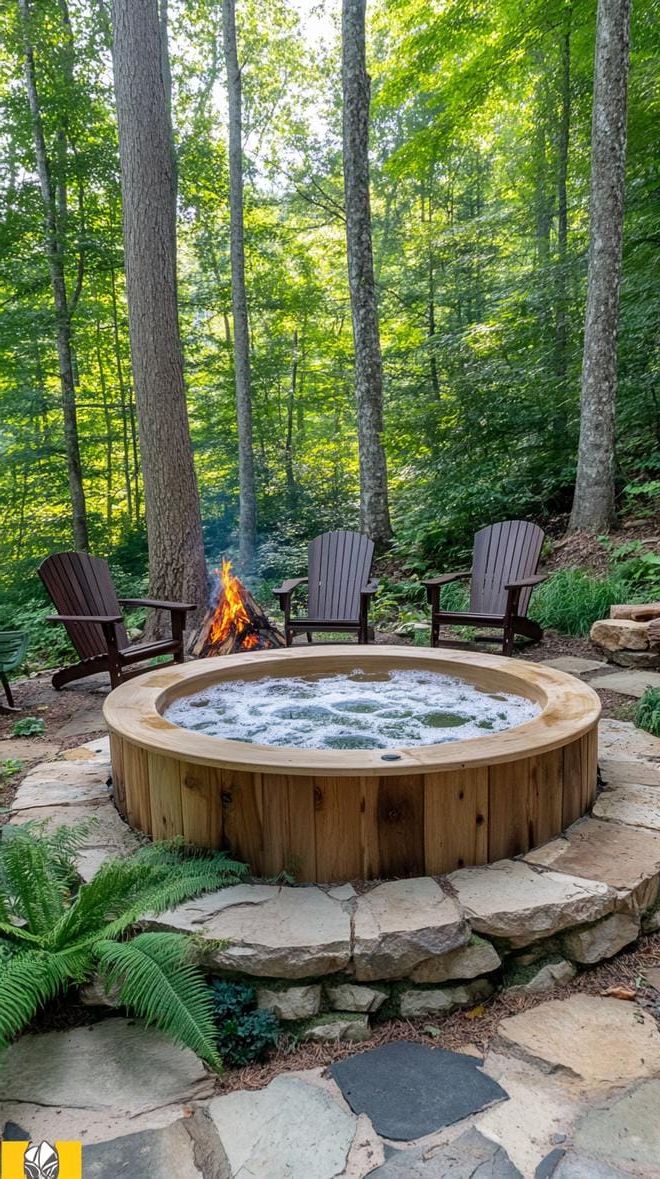 Escape to Paradise: Discover 31 Stunning Hot Tub Ideas for Your Backyard Oasis 49 15. Rustic hot tub in a forest setting with fire pit-1
