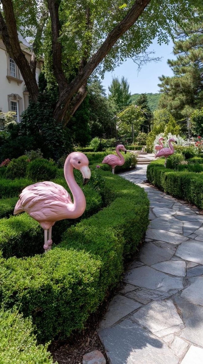 37 Magical Garden Ideas for a Whimsical Backyard 51 20. Pink flamingos in whimsical lawn maze-1