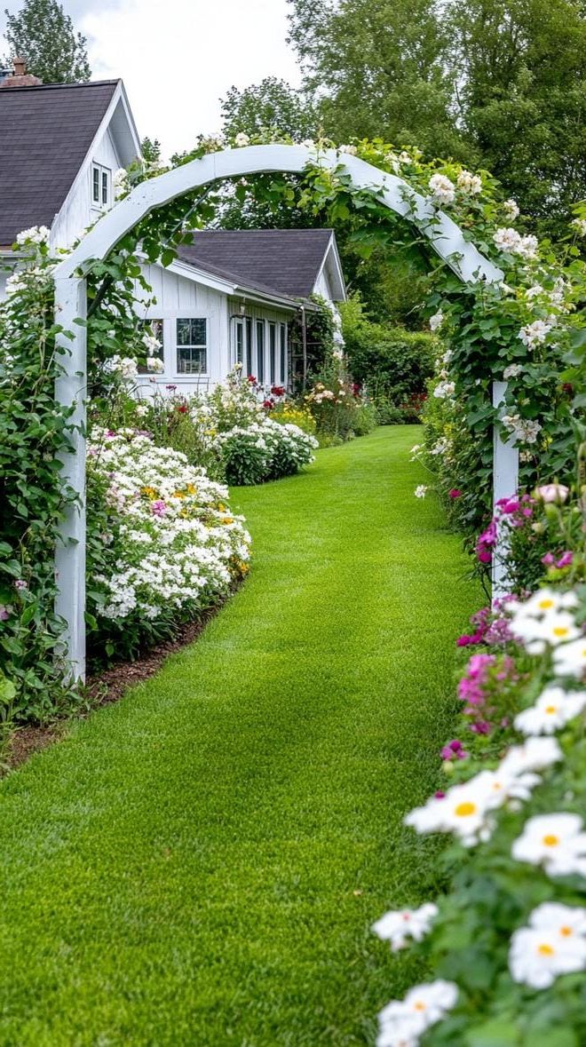 12. Cottage-style garden with white wooden arches-1