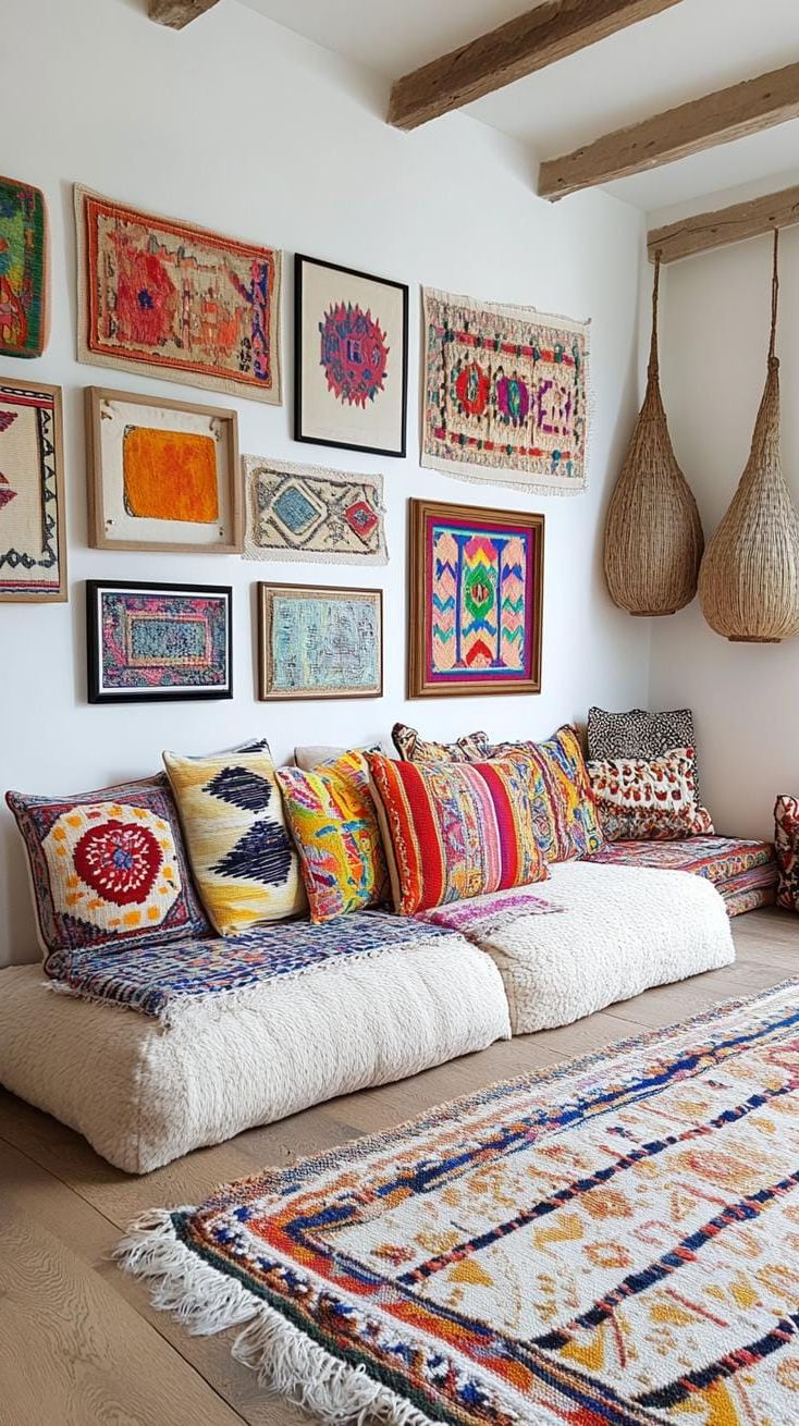 37 Gallery Wall Decor Ideas to Transform Any Room 43 14. Bohemian frame mix with bold colors textiles and mixed shapes on the wall-2
