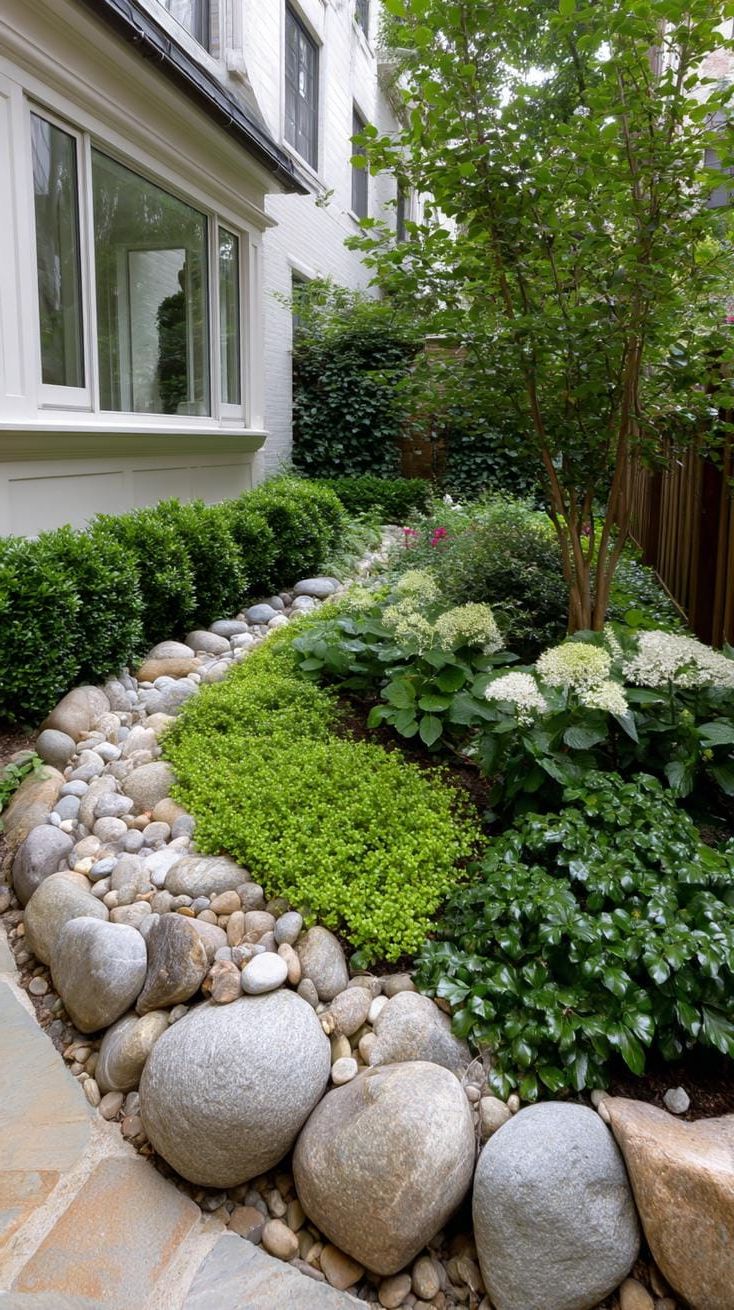8. Curved border garden with large river rocks-2
