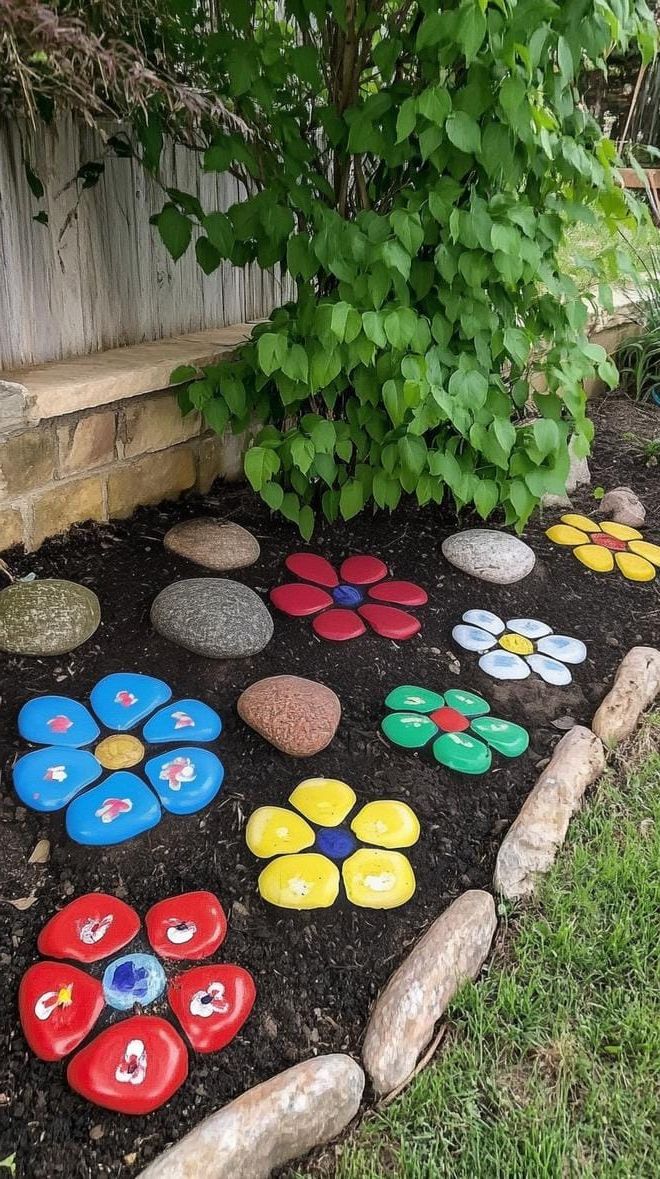 15. Bright painted rocks forming garden flowers-0