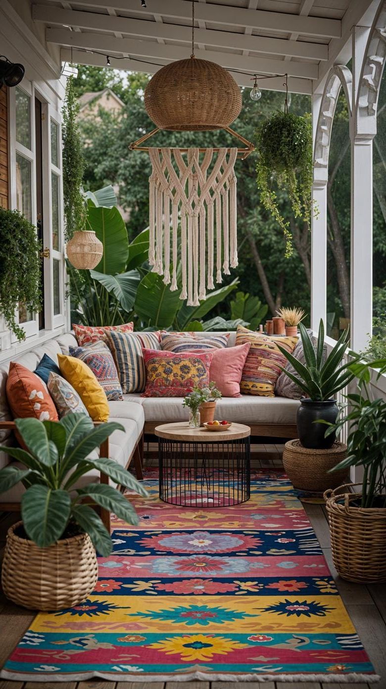 7. Boho style porch with bold pillows and vintage rugs-2