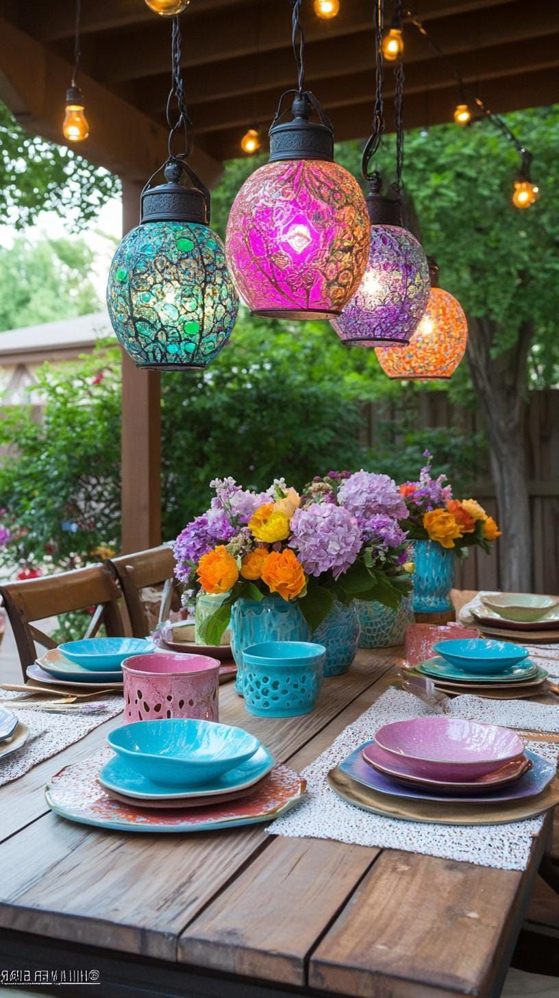 37 Magical Garden Ideas for a Whimsical Backyard 67 26. Colorful upcycled lanterns over garden table-1