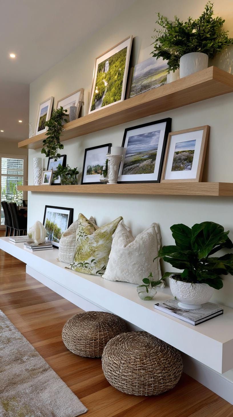 37 Gallery Wall Decor Ideas to Transform Any Room 21 7. Gallery ledge shelf style using leaning framed prints on floating shelves-1