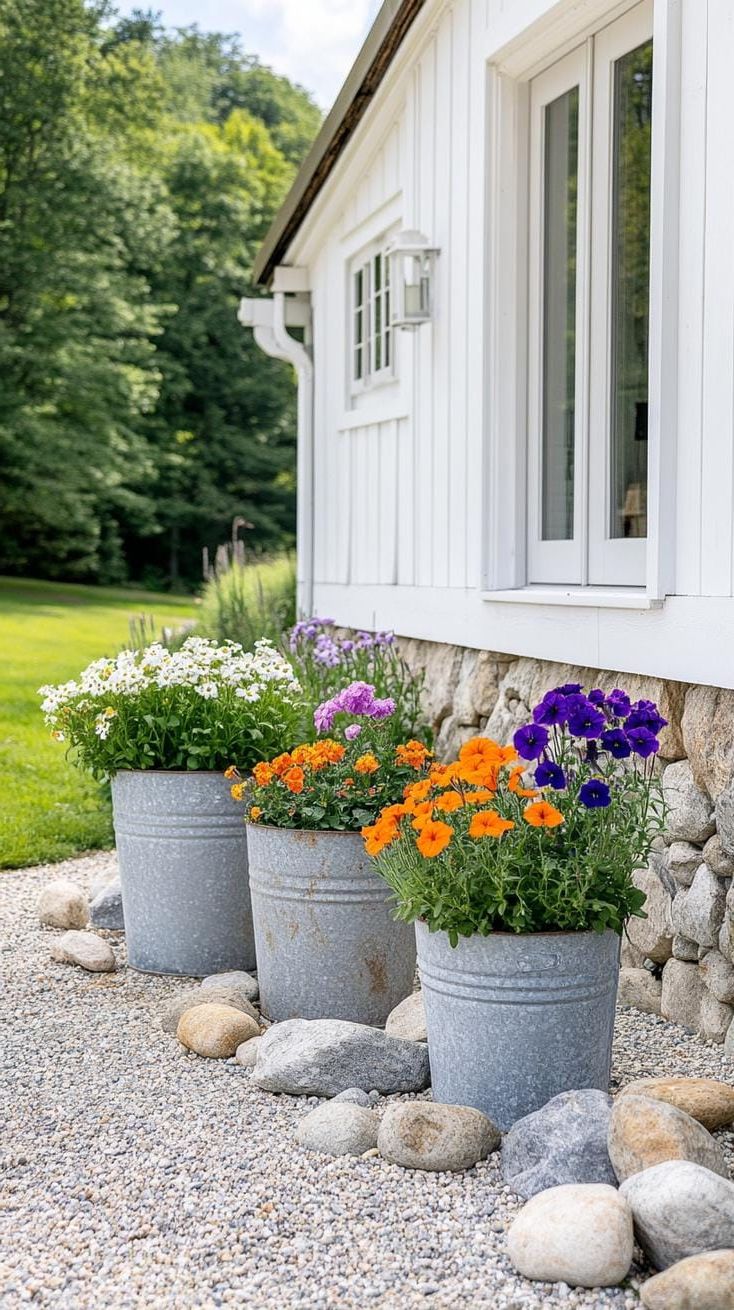21. Gravel garden with rustic watering trough planters-1