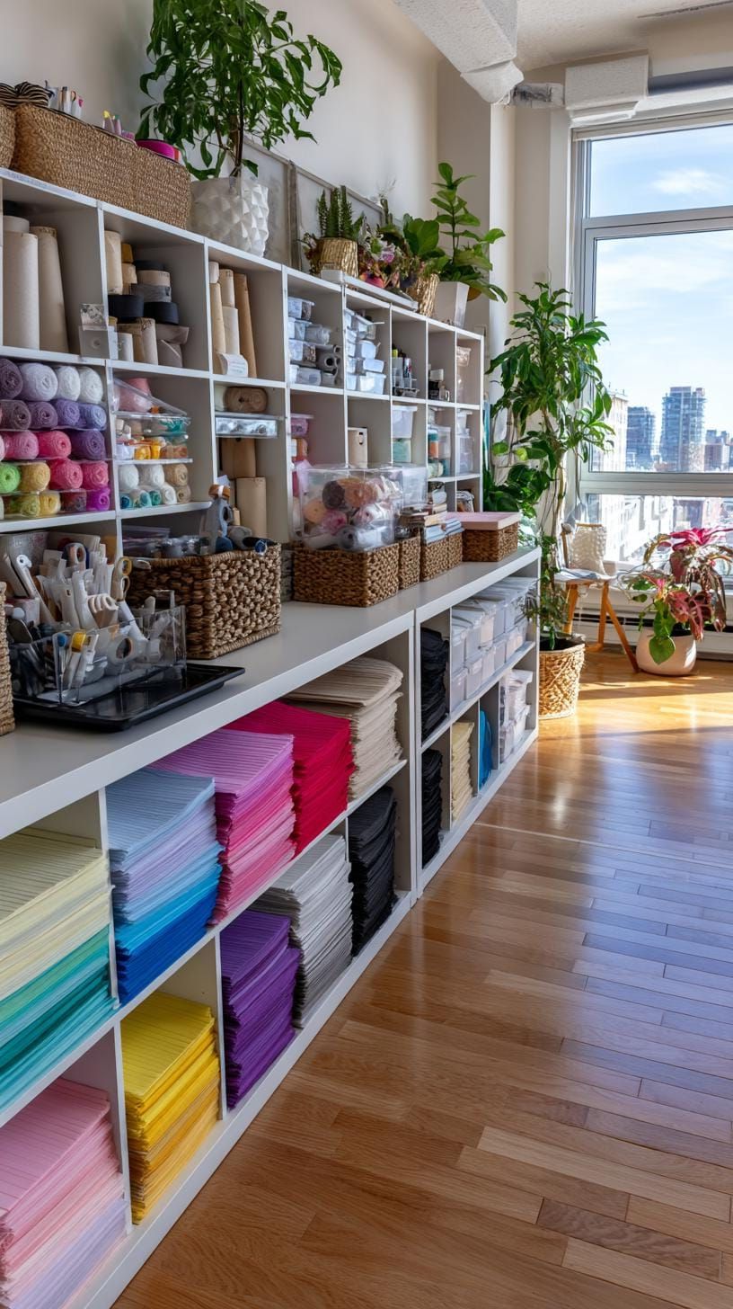 25 Craft Room Inspiring Ideas for Organization & Decor! 11 4. Open shelf tower stacked with bins and colored paper-0