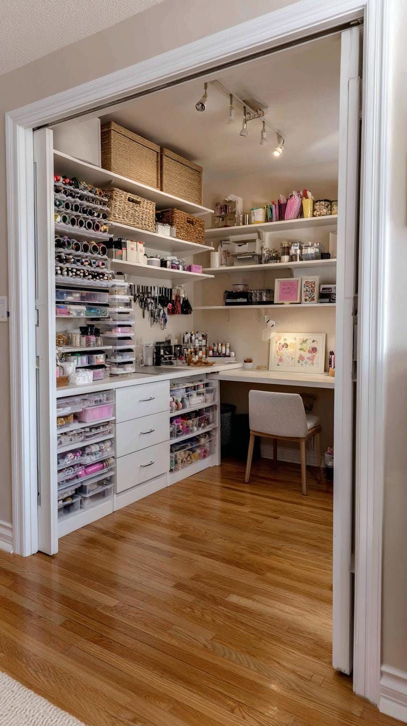 25 Craft Room Inspiring Ideas for Organization & Decor! 37 12. Office-craft room combo with floating white shelves-2