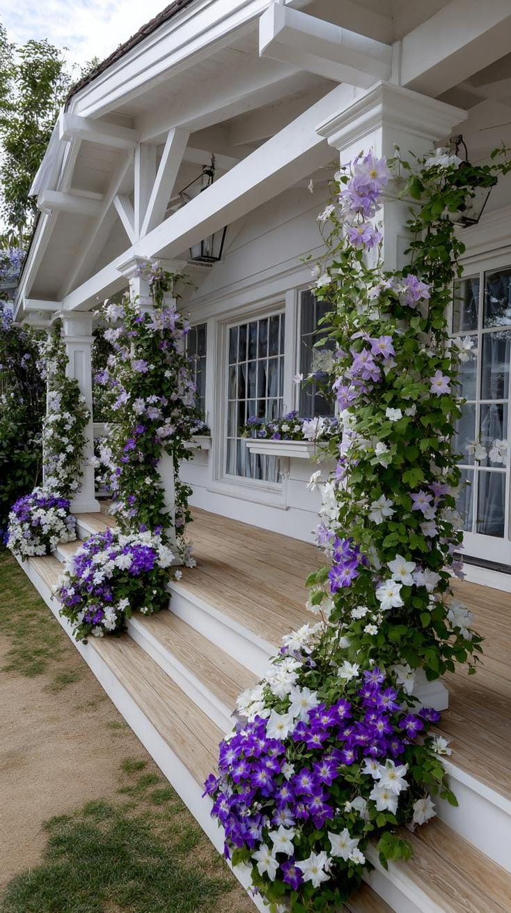 26. Climbing clematis around white-trimmed porch columns-0