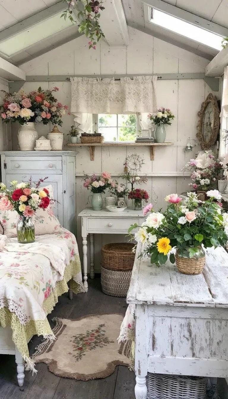 21 She Shed Interior Ideas for a Personal Backyard Retreat 32 9. Shabby chic shed with distressed white furniture and florals-2