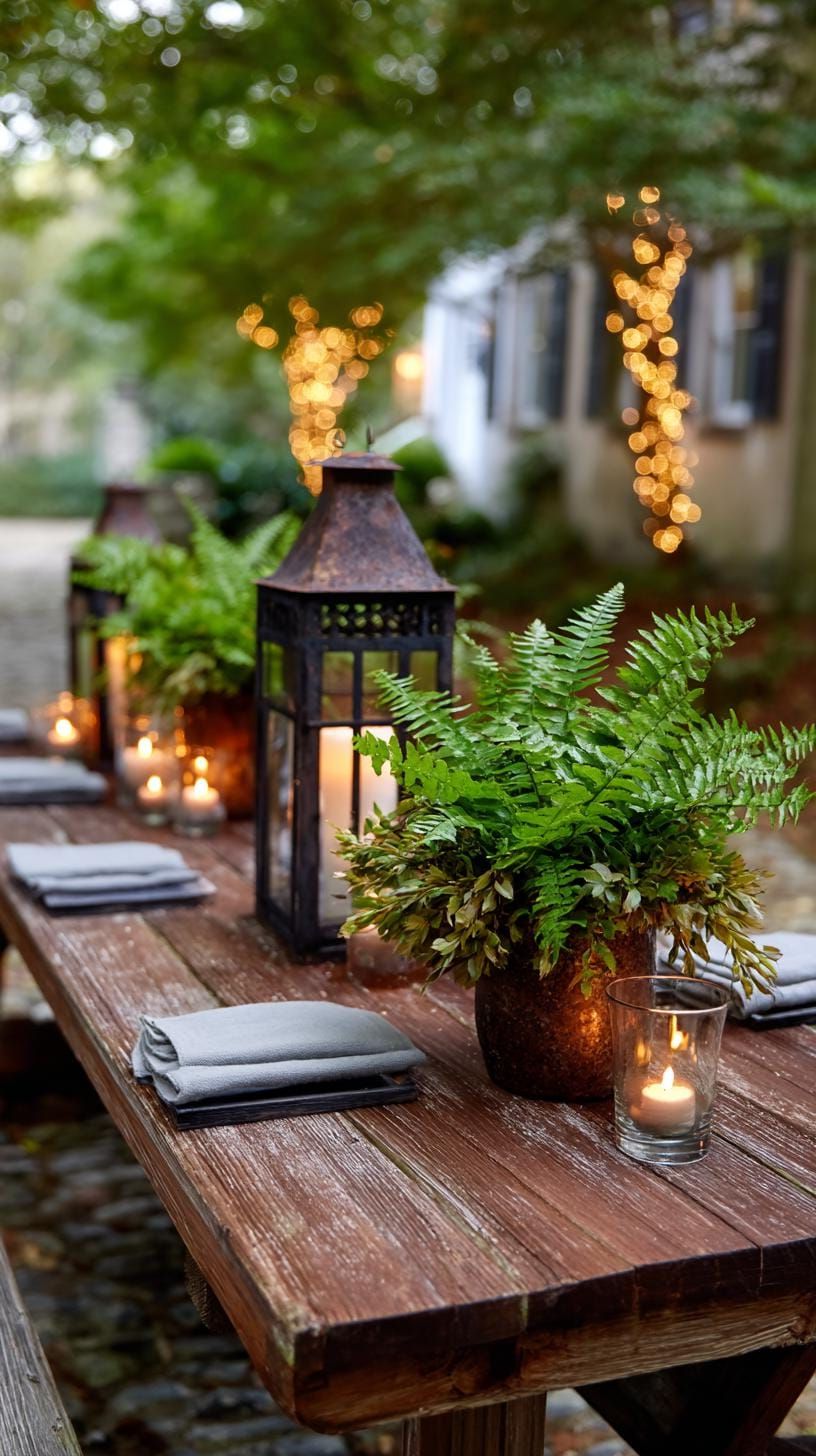 29 Charming Vintage Garden Decor Ideas: Embrace Rustic Beauty Outdoors 18 8. Rusty lanterns used as floral centerpiece holders-0