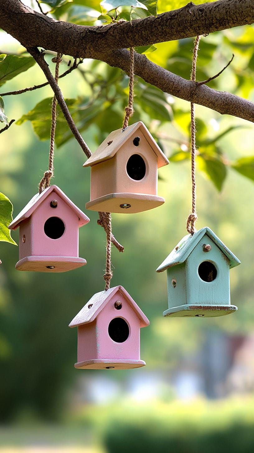 37 Magical Garden Ideas for a Whimsical Backyard 24 10. Birdhouse cluster hanging from tree branches-0