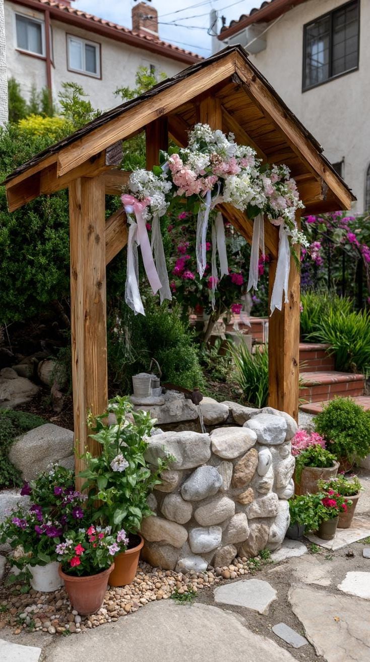 37 Magical Garden Ideas for a Whimsical Backyard 58 23. Wishing well adorned with pastel blooms-0