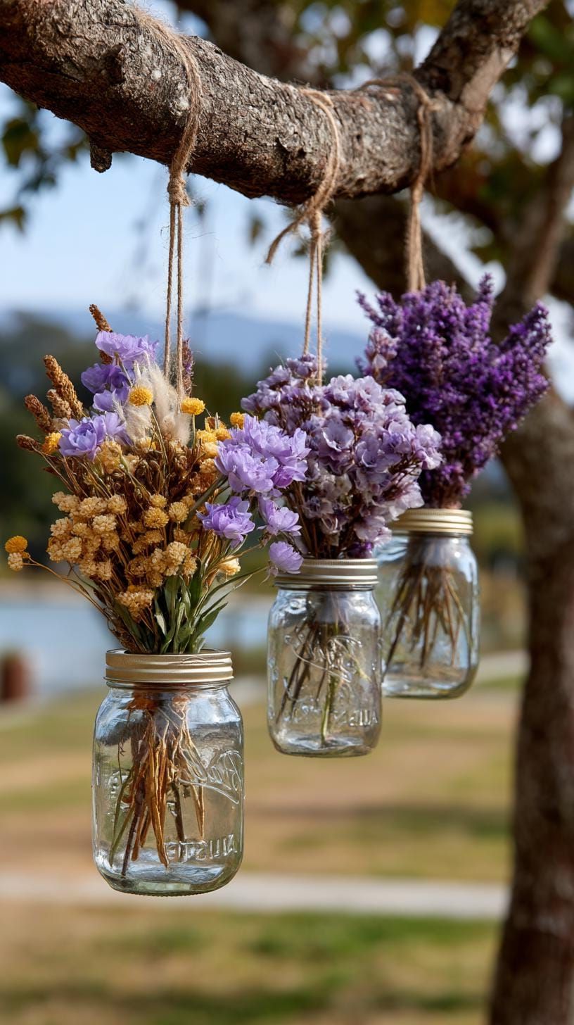 29 Charming Vintage Garden Decor Ideas: Embrace Rustic Beauty Outdoors 38 17. Hanging mason jars with dried flower bundles-0