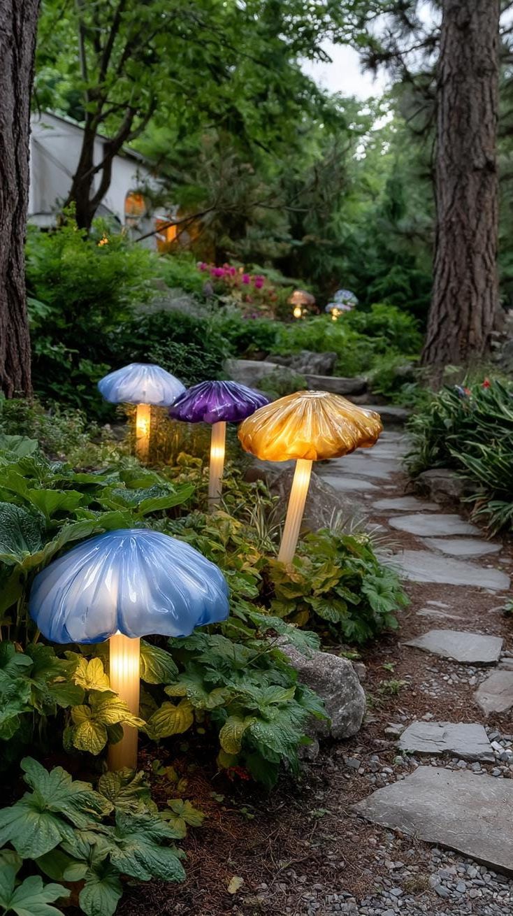 37 Magical Garden Ideas for a Whimsical Backyard 8 3. Glowing mushroom sculptures lining garden paths-1