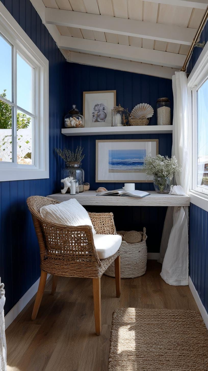 21 She Shed Interior Ideas for a Personal Backyard Retreat 64 19. Coastal shed office with soft blue tones and beadboard walls-2