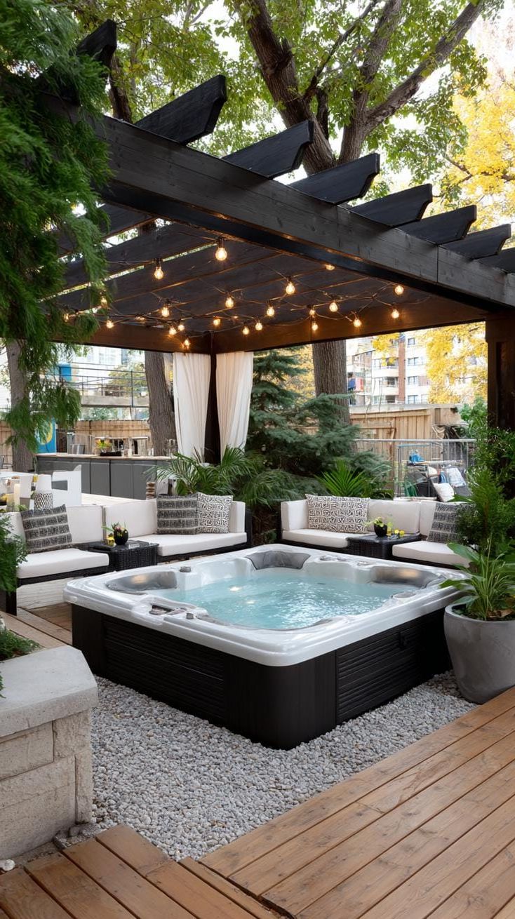 Escape to Paradise: Discover 31 Stunning Hot Tub Ideas for Your Backyard Oasis 15 5. Modern pergola-covered hot tub with string lights-3