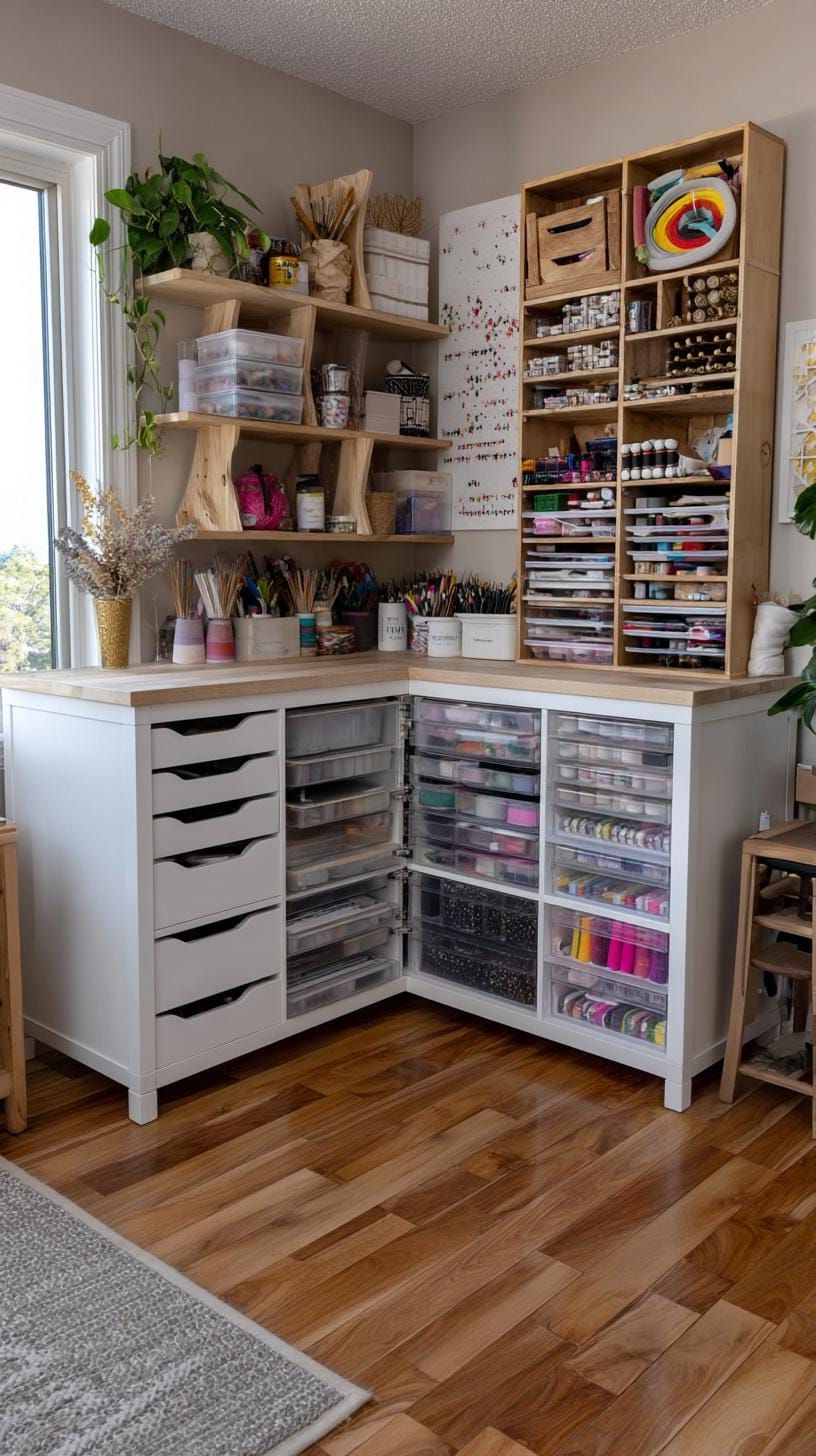 25 Craft Room Inspiring Ideas for Organization & Decor! 29 9. Corner craft room with drawers and vertical tool grid-3