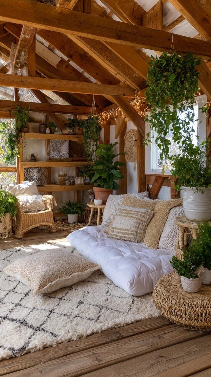 21 She Shed Interior Ideas for a Personal Backyard Retreat 17 5. Boho-inspired shed with layered rugs and macrame décor-1