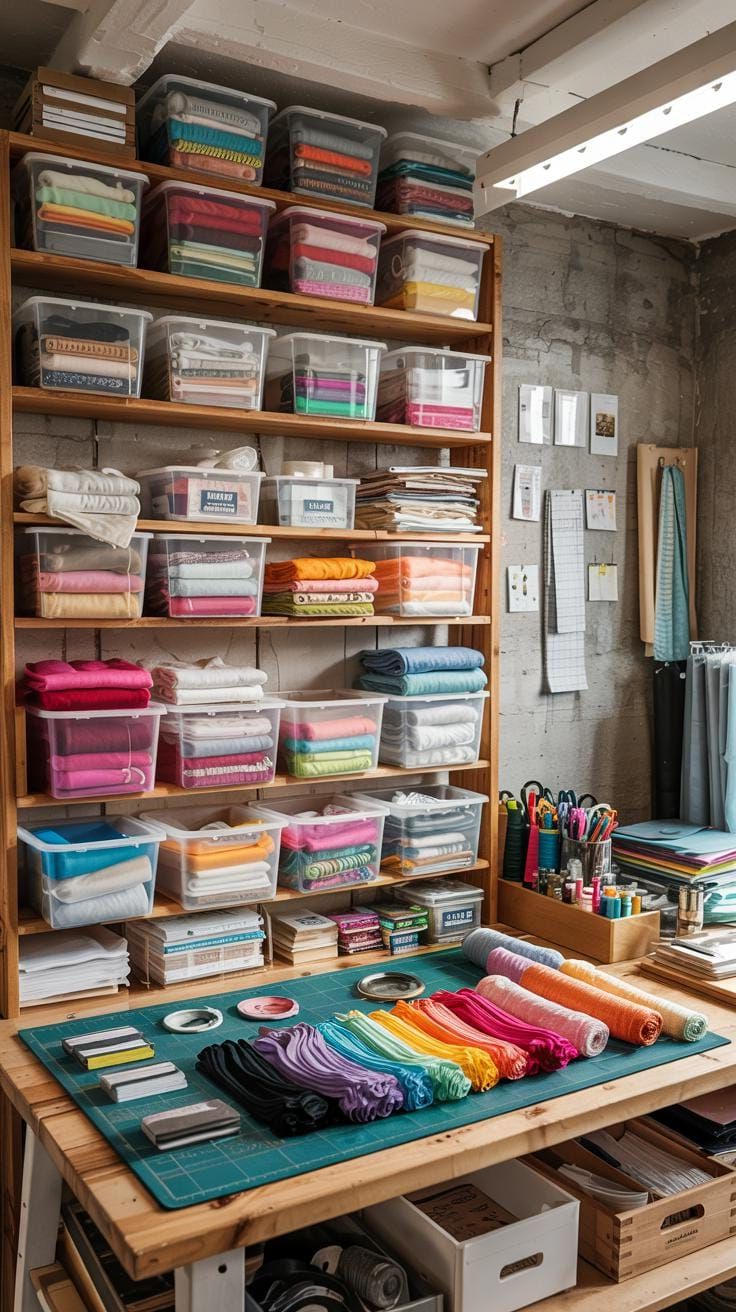 25 Craft Room Inspiring Ideas for Organization & Decor! 30 10. Basement craft room with wall-to-wall clear bins-0