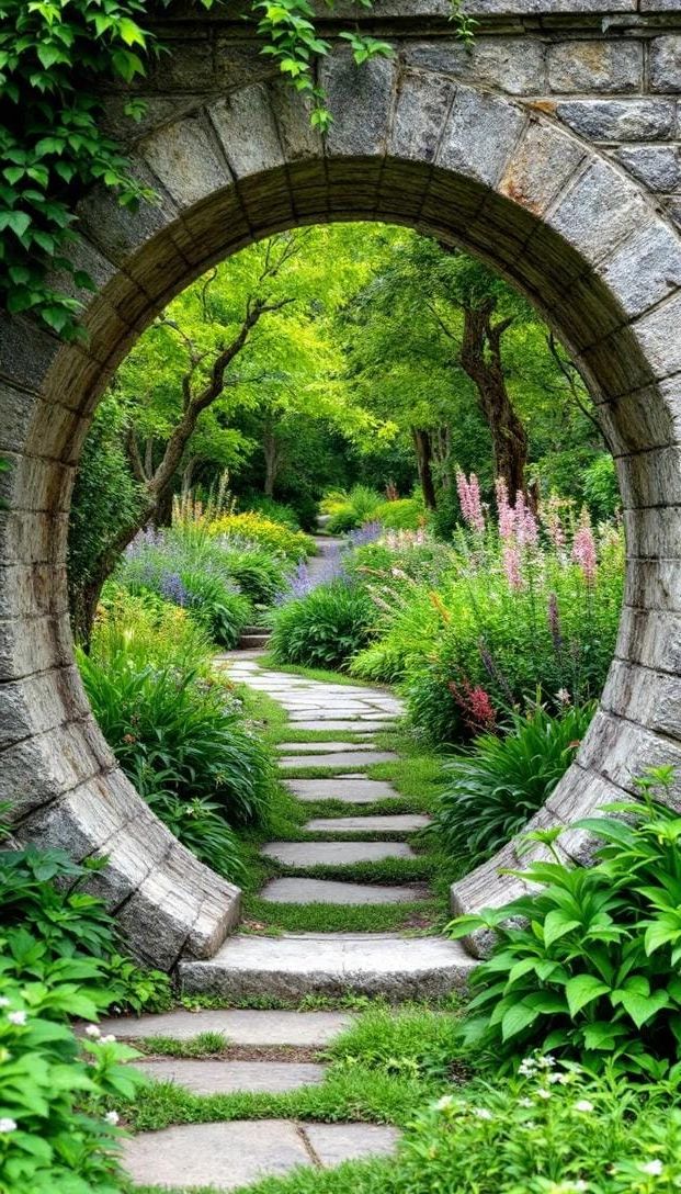 23. Round moon-gate arch along lush garden trail-0