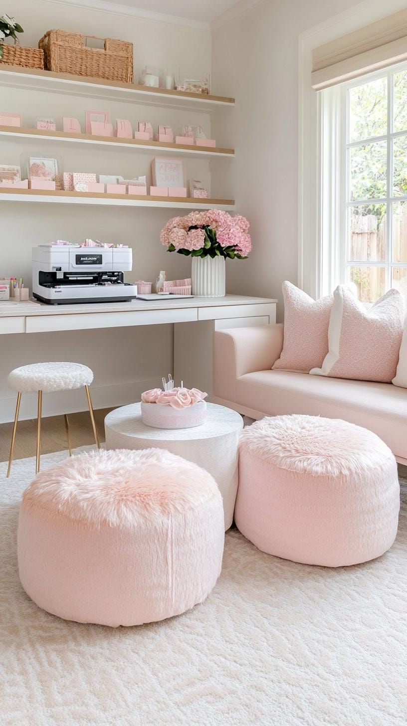 25 Craft Room Inspiring Ideas for Organization & Decor! 46 16. Soft pink craft room with wrap desk and Cricut shelf-1