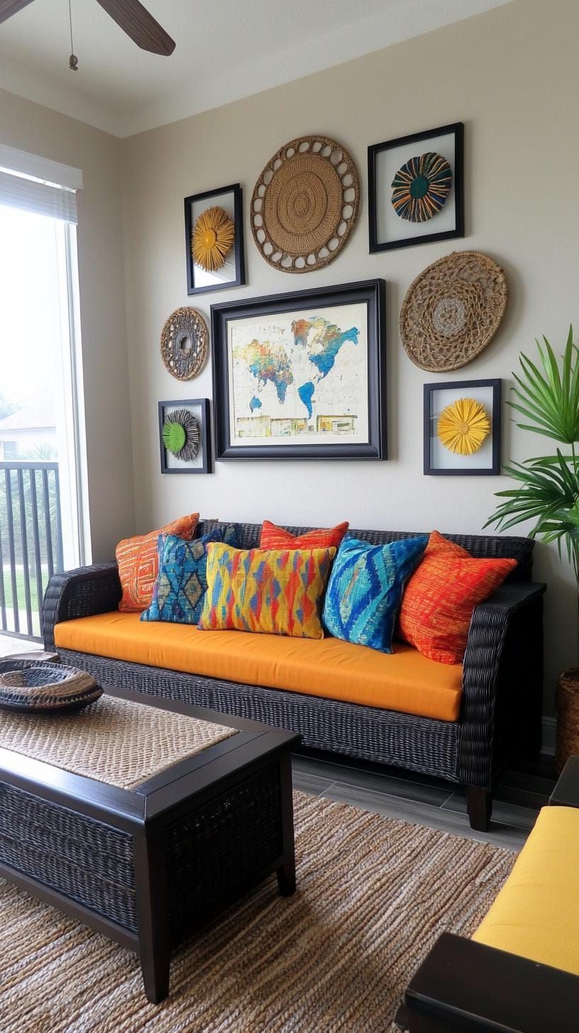 37 Gallery Wall Decor Ideas to Transform Any Room 108 36. Cultural collage arrangement with travel or ethnic prints and textiles-2