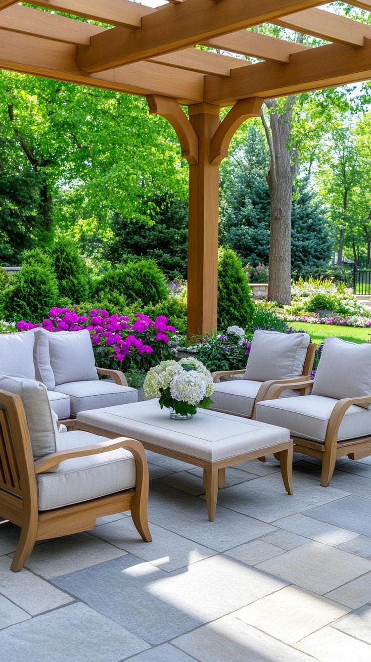 35. Stone tile patio with pergola and garden views-1