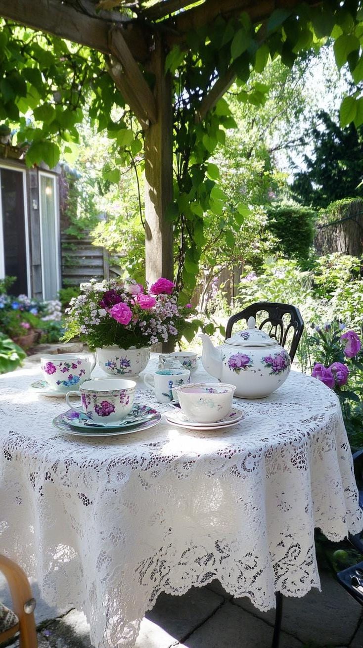 37 Magical Garden Ideas for a Whimsical Backyard 61 24. Magical garden tea nook with lace-0