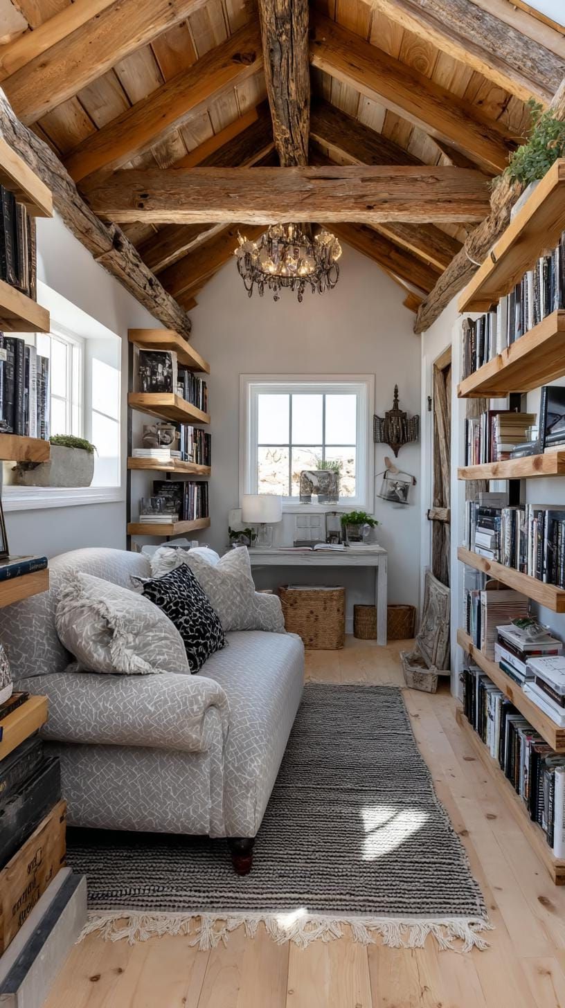 21 She Shed Interior Ideas for a Personal Backyard Retreat 57 17. Eclectic shed library with cathedral ceiling and vintage sofa-1