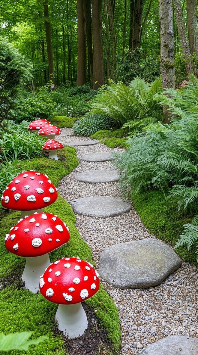 37 Magical Garden Ideas for a Whimsical Backyard 49 19. Red and white toadstools beside stone path-2