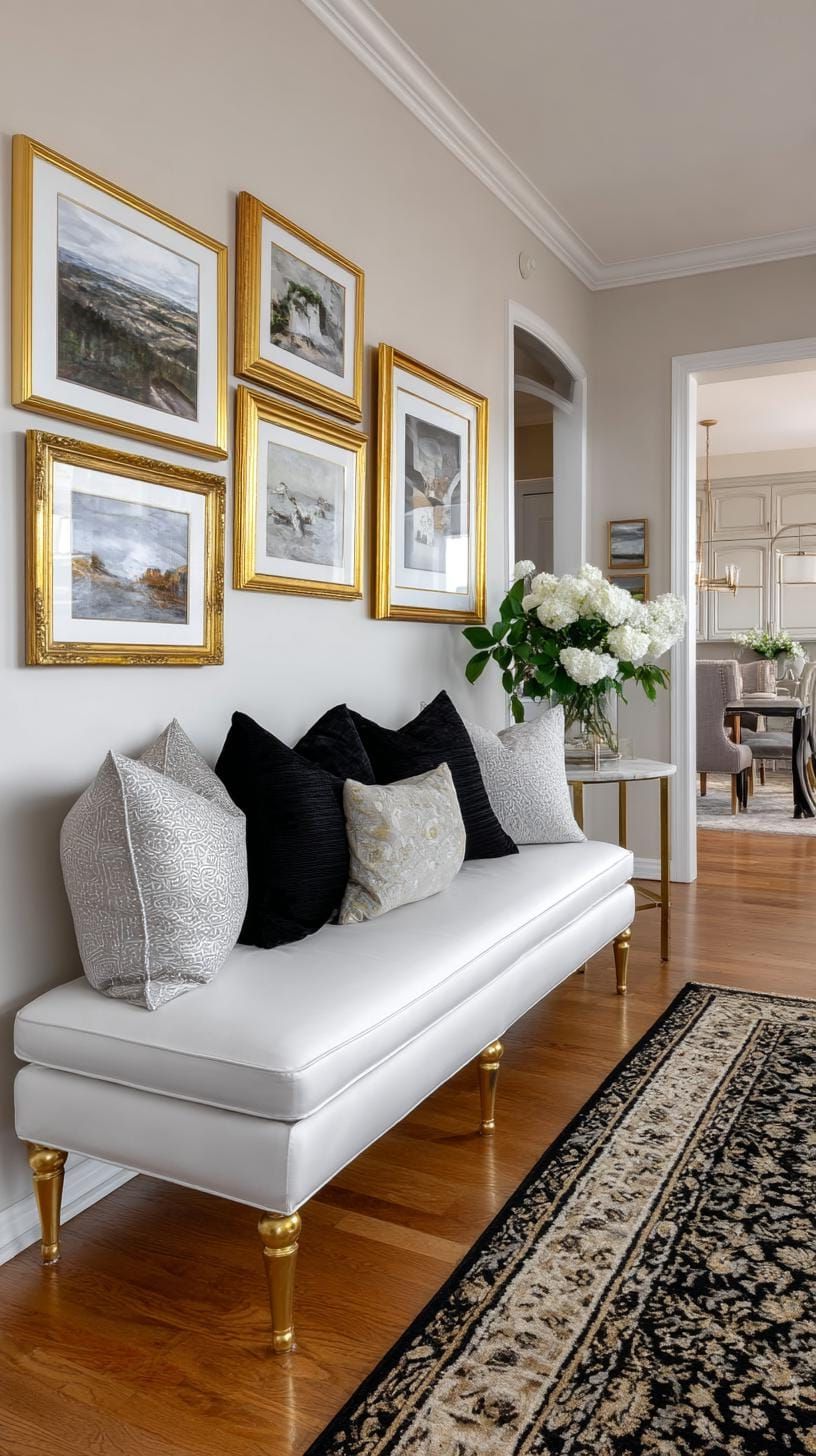 37 Gallery Wall Decor Ideas to Transform Any Room 92 31. Gold gilded classic layout with ornate frames and symmetrical spacing-0