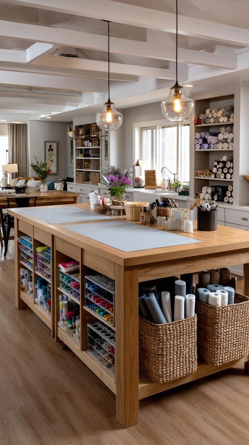 25 Craft Room Inspiring Ideas for Organization & Decor! 10 3. Craft room with central island and storage cubbies-2