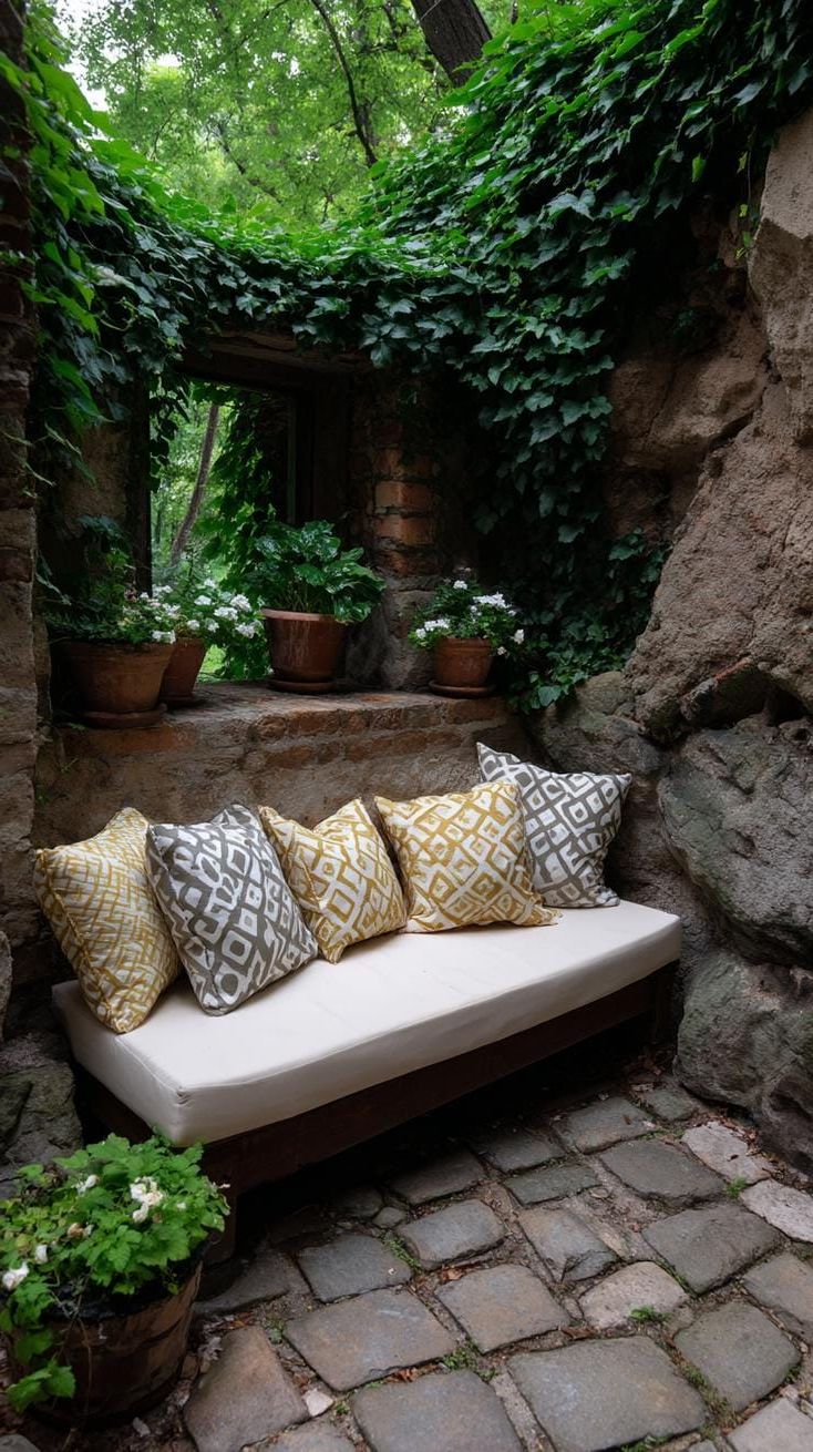 25. Garden hideaway with ivy-covered rustic wall-3