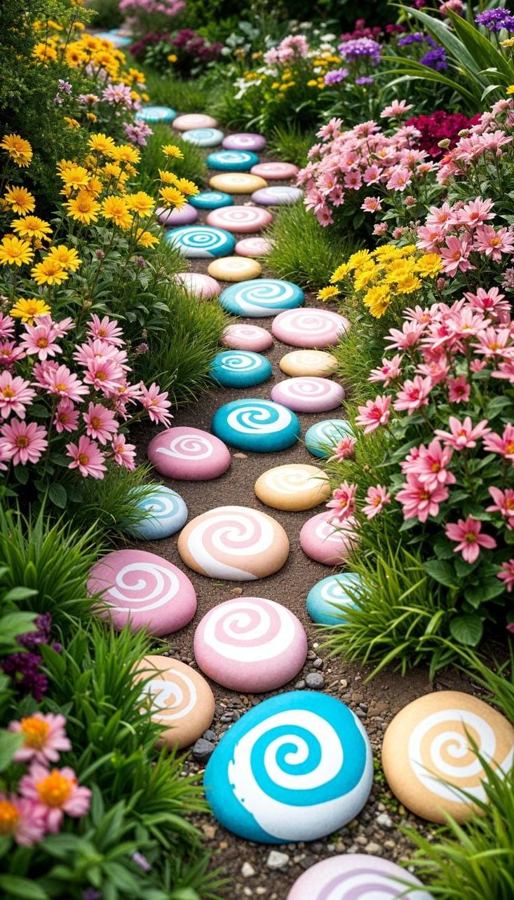 37 Magical Garden Ideas for a Whimsical Backyard 39 16. Painted stones mimicking a candy path-0