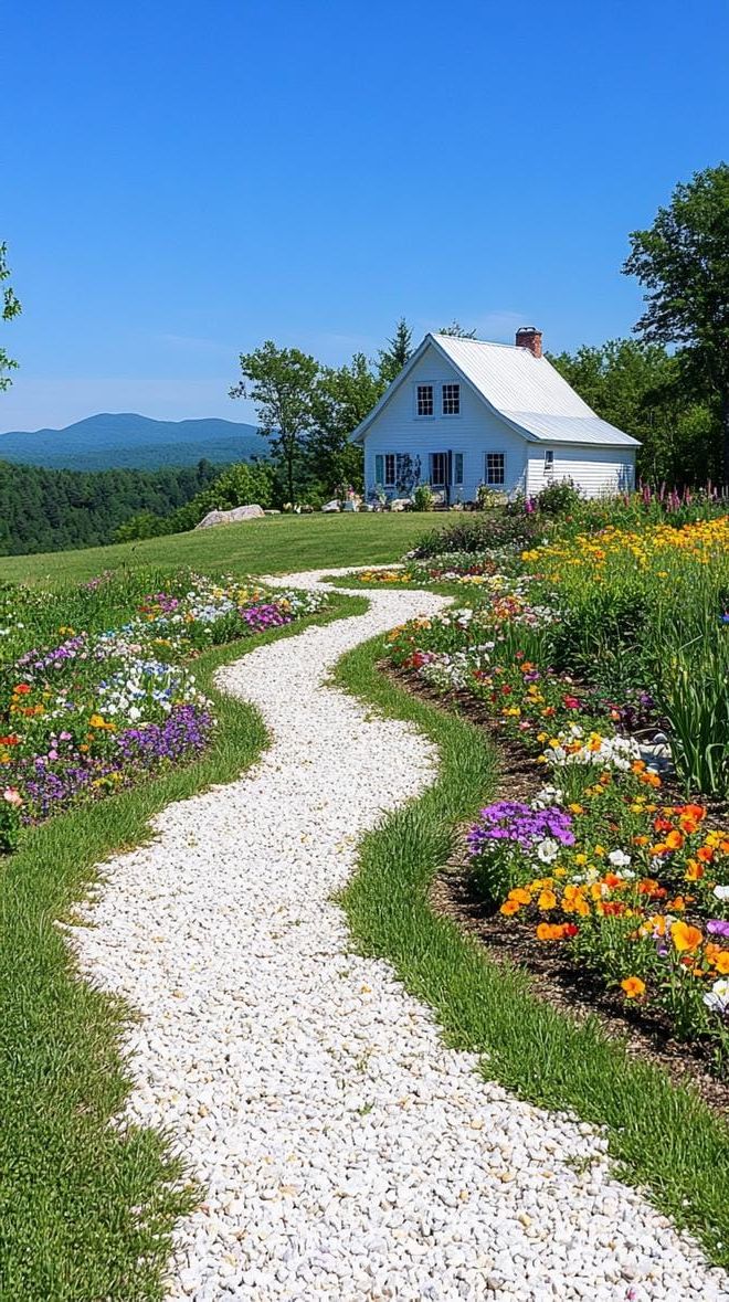 1. Gravel pathway leading to a wildflower farmhouse meadow-0