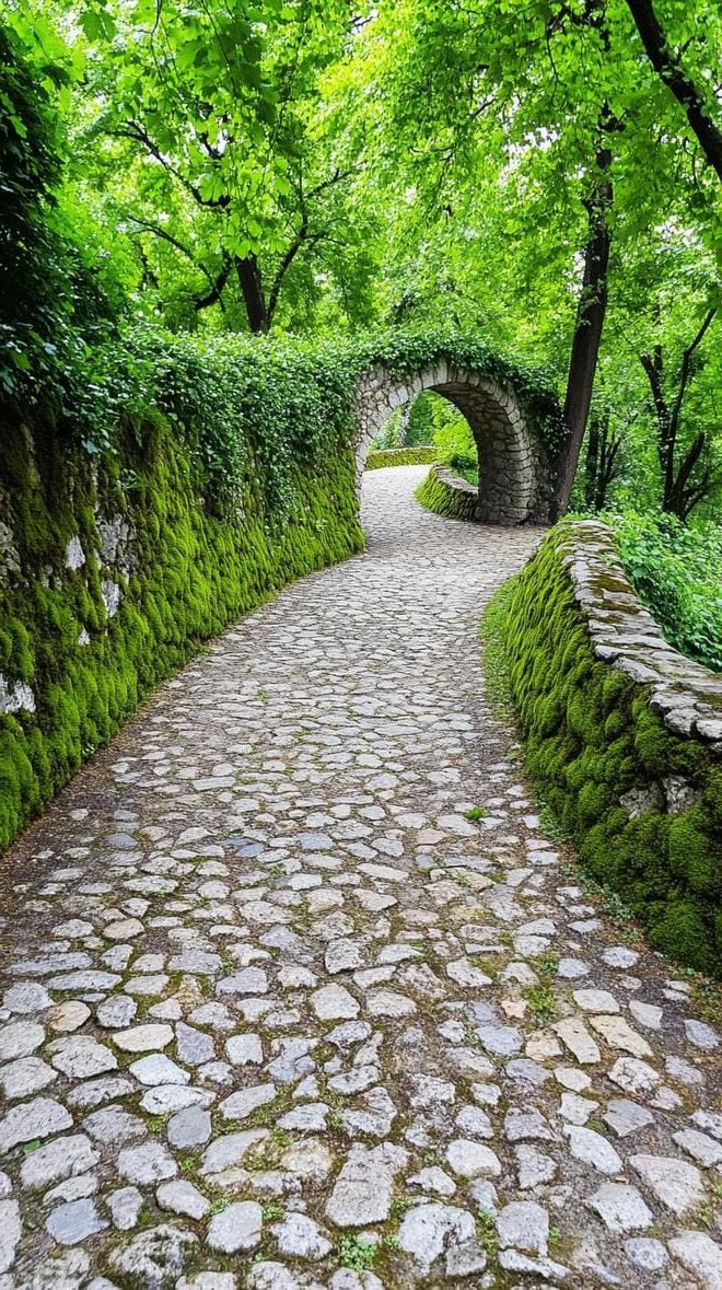 10. Twisting stone path flanked by moss walls-0