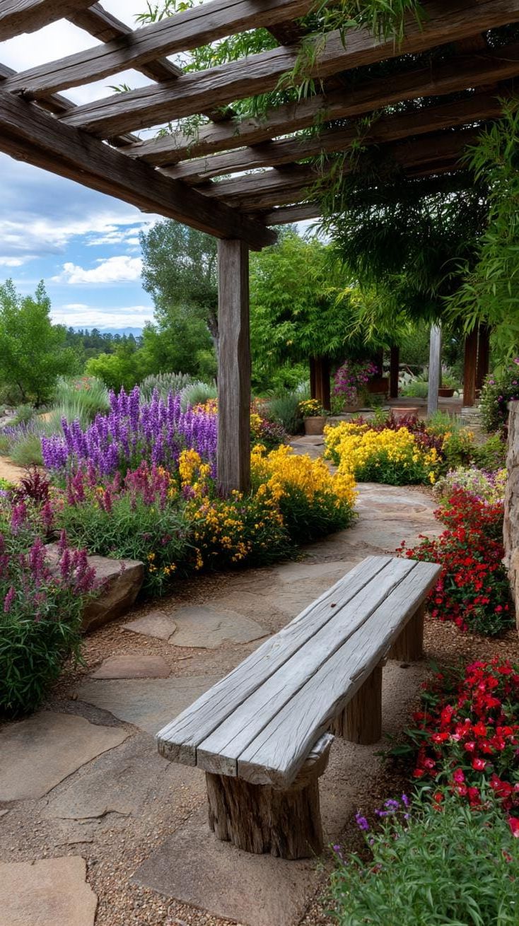 5. Rustic wood pergola over colorful farmhouse garden-1