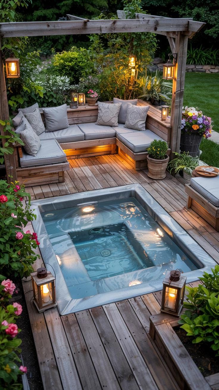 Escape to Paradise: Discover 31 Stunning Hot Tub Ideas for Your Backyard Oasis 3 1. Hot tub deck with built-in seating and lighting-1