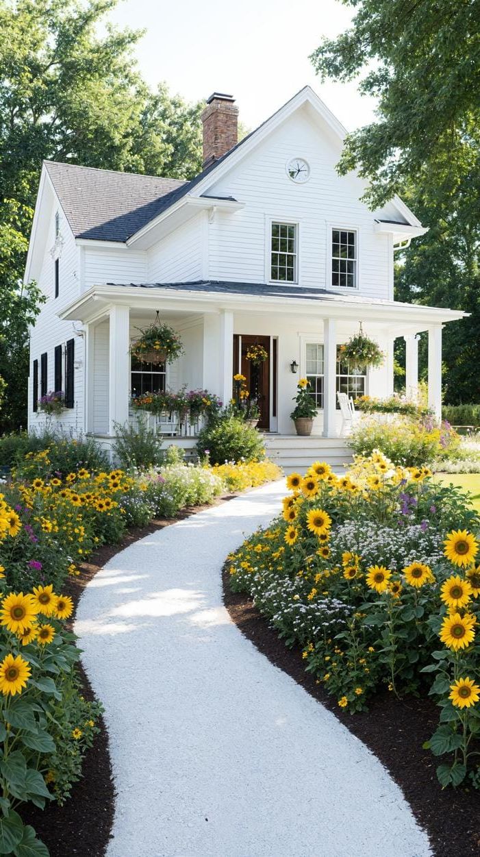 17. Dramatic curved flower path with sunflower borders-1