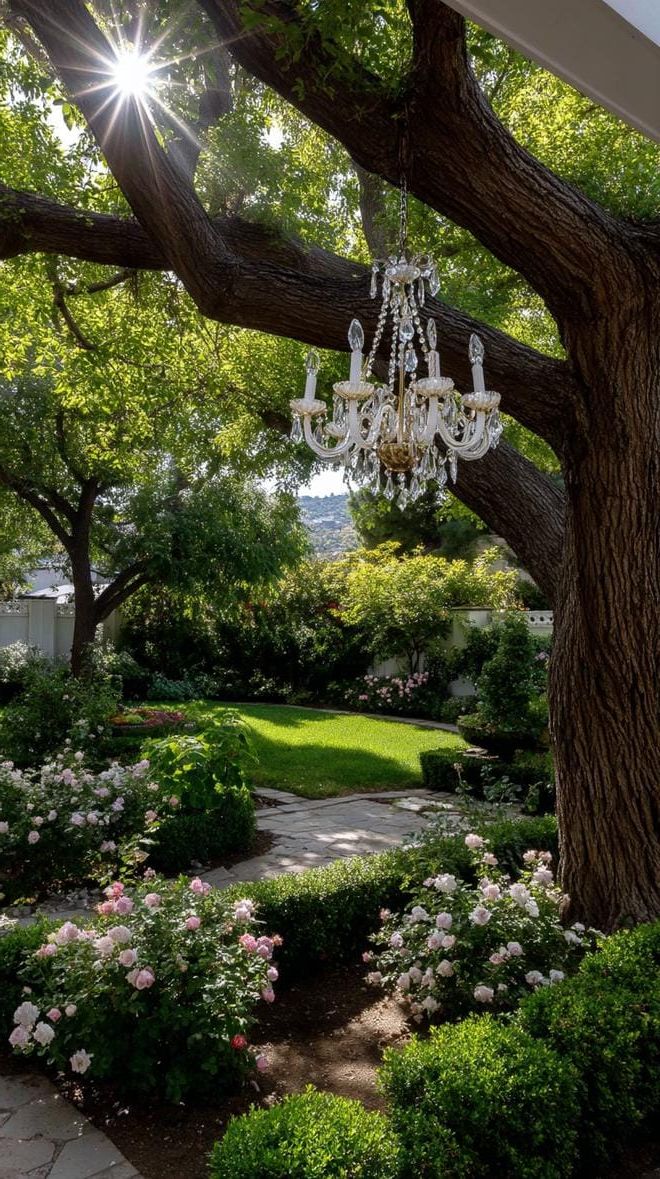 29 Charming Vintage Garden Decor Ideas: Embrace Rustic Beauty Outdoors 43 20. Crystal chandelier hanging from tree over garden-0