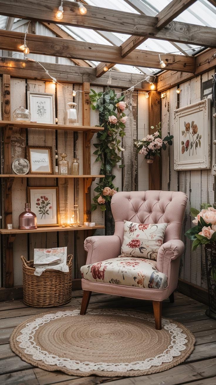 21 She Shed Interior Ideas for a Personal Backyard Retreat 2 1. Rustic wood-paneled shed with vintage armchair and rug-0