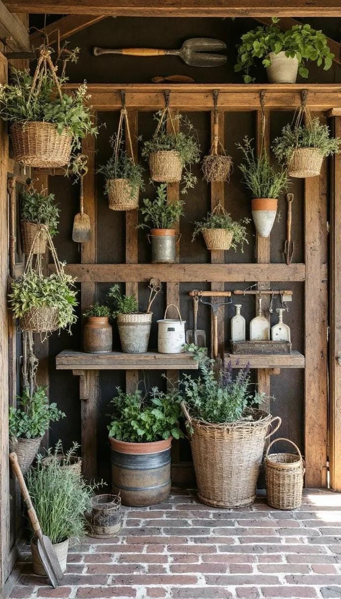 21 She Shed Interior Ideas for a Personal Backyard Retreat 43 13. Farmhouse-inspired shed with hanging baskets and brick floor-0