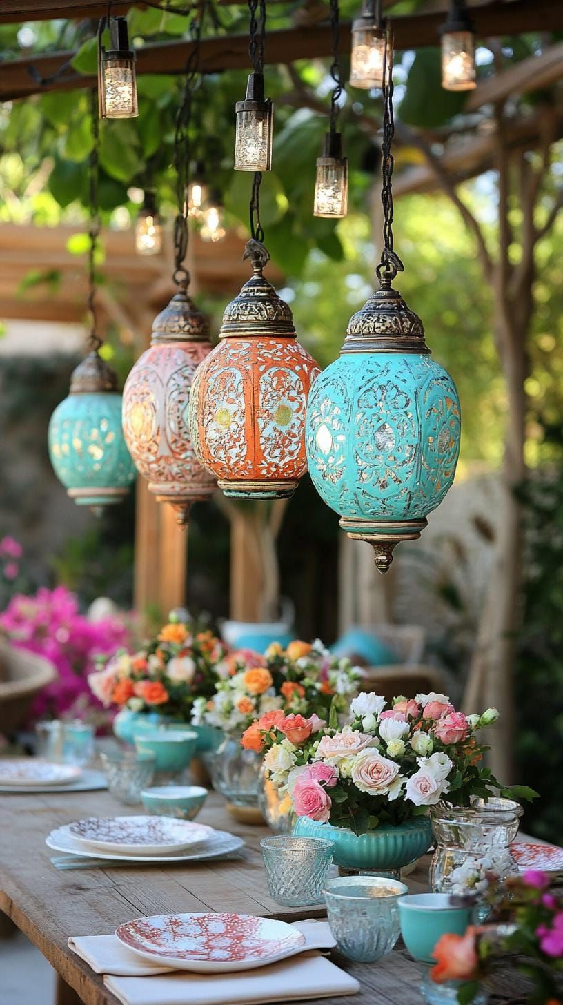 37 Magical Garden Ideas for a Whimsical Backyard 68 26. Colorful upcycled lanterns over garden table-2