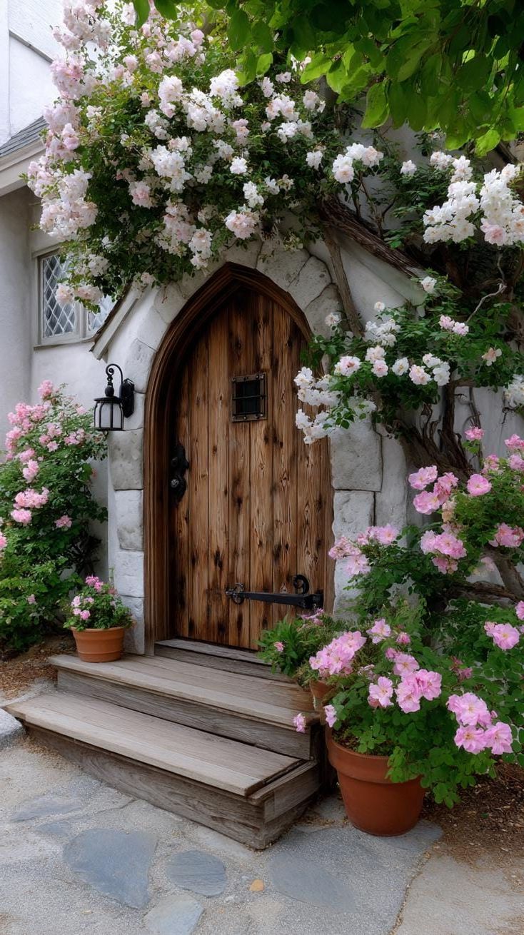 8. Cottage-style arched door hidden by blossoms-1