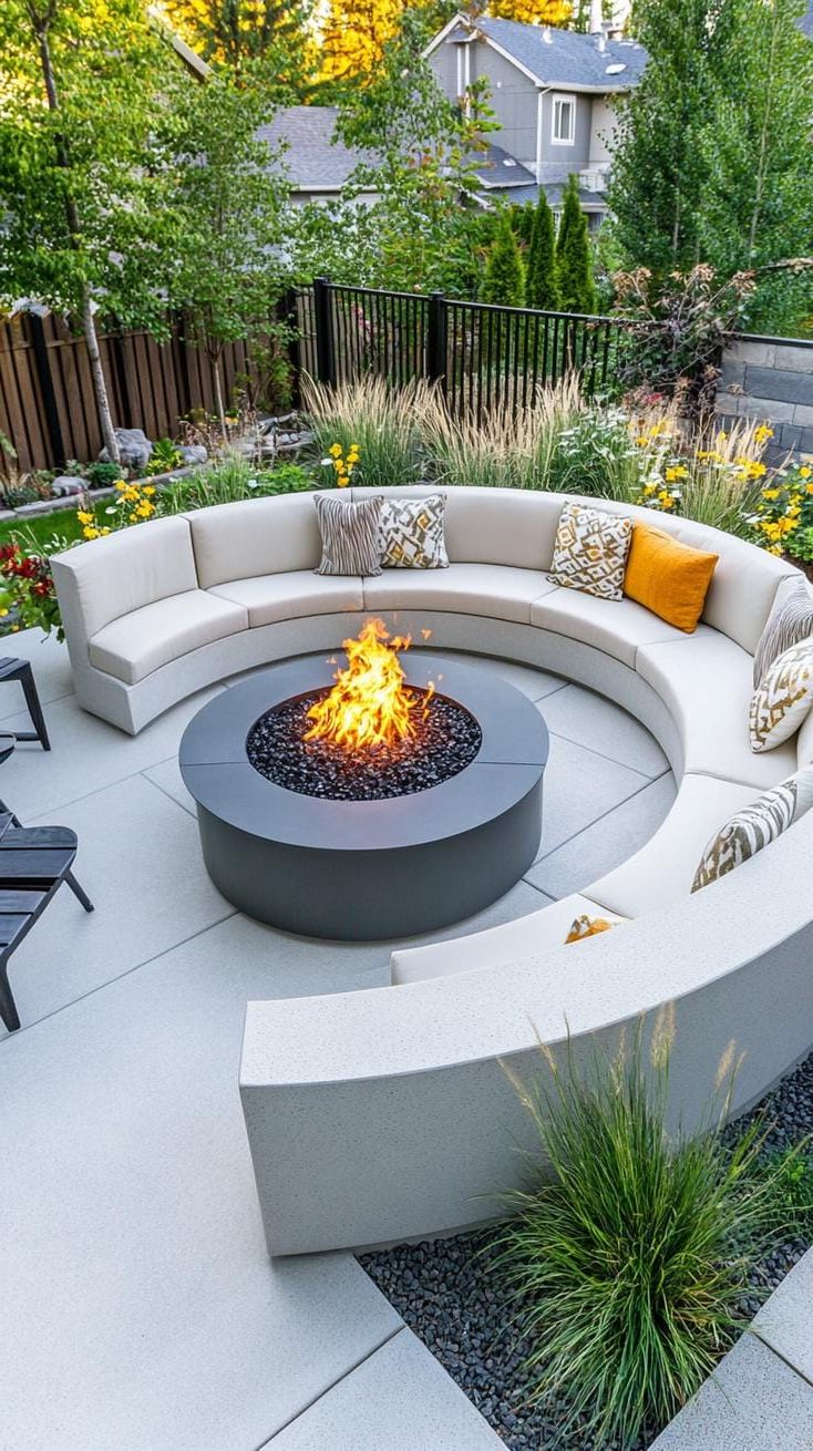 14. Concrete patio with curved seating around fire pit-0