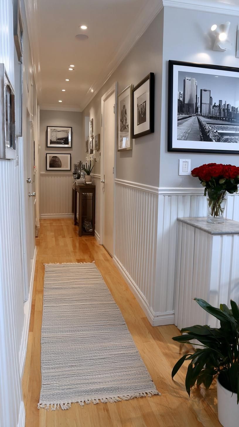 37 Gallery Wall Decor Ideas to Transform Any Room 64 21. Narrow hallway stripe wall with a linear stripe of small vertical frames-1