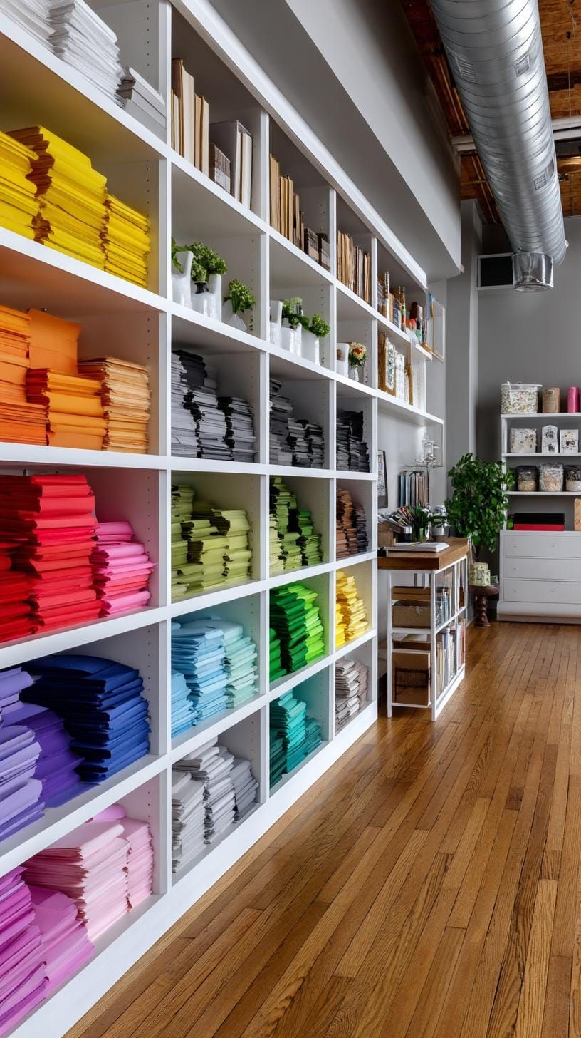 25 Craft Room Inspiring Ideas for Organization & Decor! 41 14. Wall of rainbow paper stacked in open shelves-0