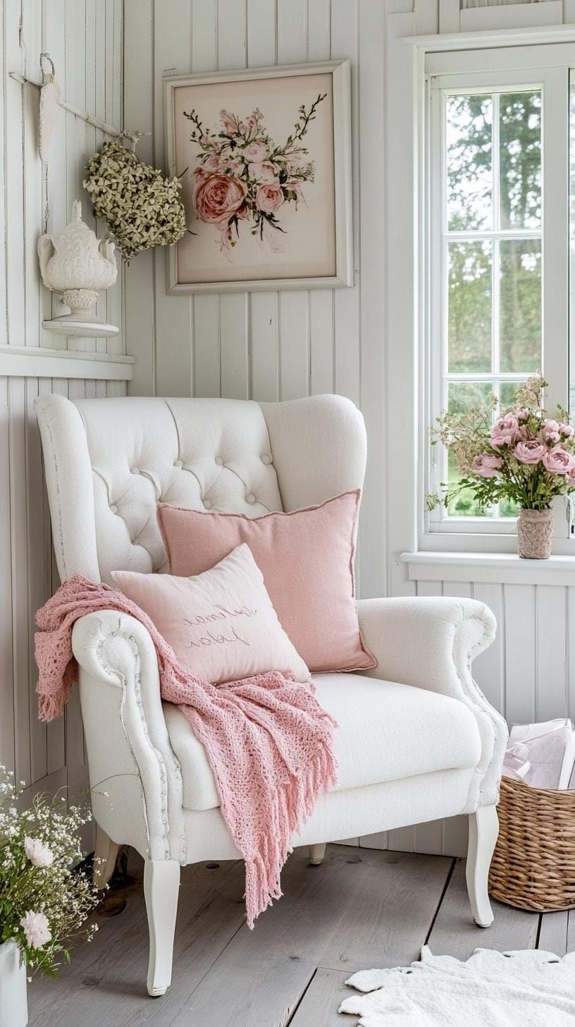 21 She Shed Interior Ideas for a Personal Backyard Retreat 50 15. White shed with blush accents and wingback reading chair-0
