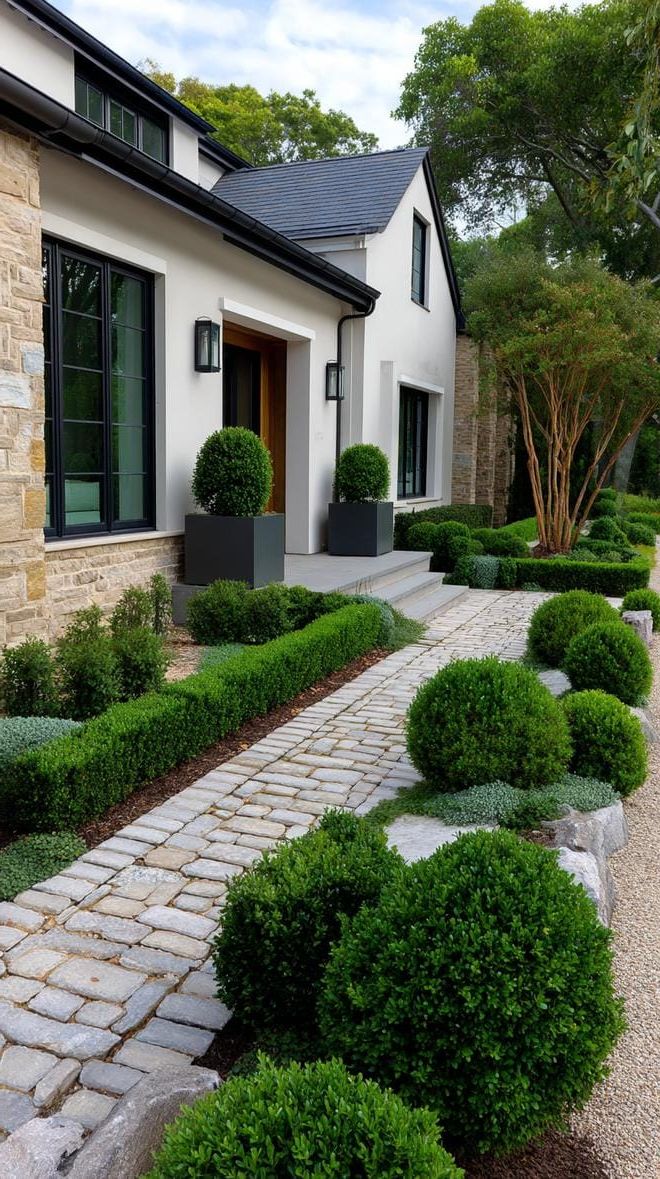 7. Sleek modern stone pavers with manicured shrubs-2